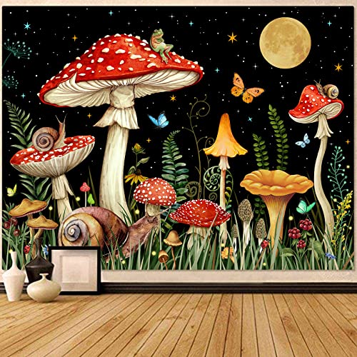 Zussun Red Mushroom Tapestry Moon Star Tapestries for Bedroom Aesthetic Starry Night Green Plant Tapastrys Wall Hanging Butterfly Snail Frog Wall Tapestry for Living Room Dorm (Black, 48" x 36") - color: Black, size: 48"L x 36"W