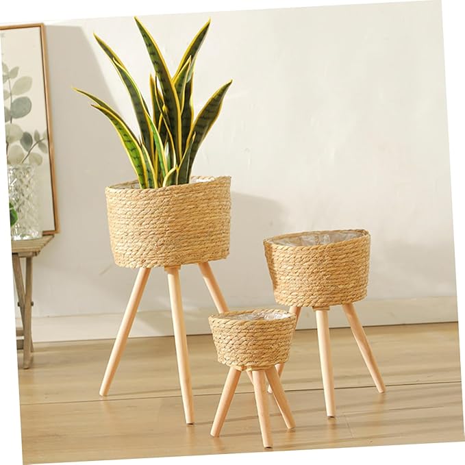 Wooden Woven Plant Stand with Legs Minimalist Rattan Planter Pot Holder for Indoor Succulent Display Durable Flower Basket for Living Room and Balcony