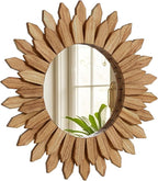 20 Inch Brown Boho Wall Decor Sunburst Mirror - Round Wooden Wall Decor, Handmade Rustic Circular Mirror for Living Room, Bedroom, Entryway, Office