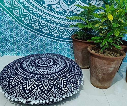 INDIAN CRAFT CASTLE 24" Blue Silver Mandala Barmeri Large Floor Pillow Cover Cushion Meditation Seating Ottoman Throw Cover Hippie Decorative Zipped Bohemian Pouf Ottoman Pom Pom Cases 24" Round - color: Blue Silver, style: 24 Inch Round