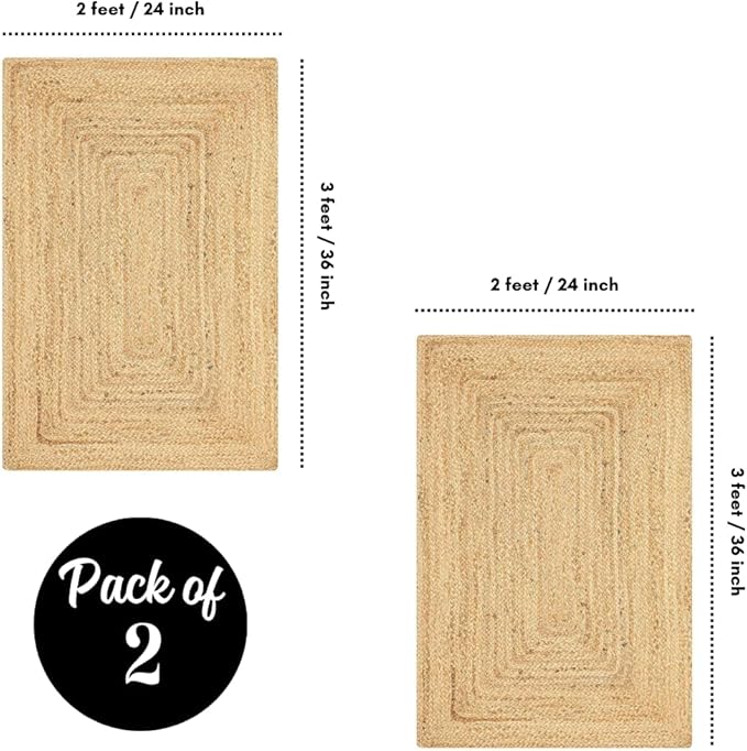 Jute Rug 2'x3' Area Rug - Pack of 2, Hand Woven Jute Braided Boho Rug for Living Room Outdoor Bedroom Kitchen Entryway Farmhouse Hallway, Rustic Vintage Natural Reversible Floor Rugs: Natural Jute
