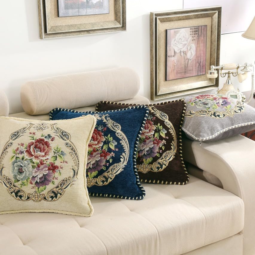 Set of 2 Vintage Floral Throw Pillow Covers 18x18 Inch, Beige Chenille Woven Pillow Cases with Victorian Floral Medallion Pattern, Decorative Cushion Covers for Sofa Couch Living Room Bedroom - color: Beige