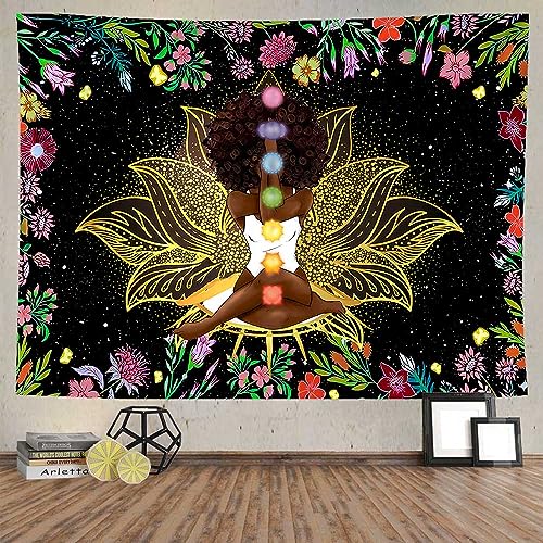 Ine Ive African Chakra Tapestry African American Woman Zen Meditation Tapestries 80x60 Inch Starry Sky Flower Garden Inspirational Afro Yoga Wall Art for Bedroom Dorm Decor - size: 80"L x 60"W