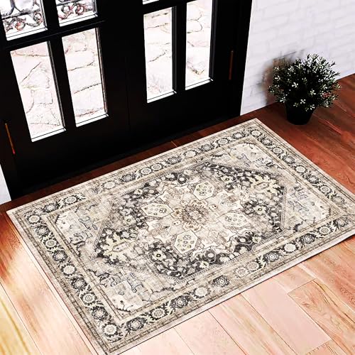 CHAMPLANT 2'x3' Black-Purple Khaki Area Rug Washable Door Mat Vintage Distressed Doormat Indoor Entrance Traditional Thin Floral Print Non Slip Carpet for Kitchen Bathroom Bedroom Living Room - color: Black-purple Khaki, size: 2' x 3' (Rectangular)