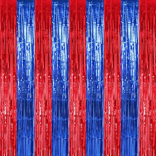 TONIFUL 2 Packs Red and Blue Carnival Foil Fringe Curtains 3.3 x 6.6 ft Metallic Tinsel Streamers Backdrop for Patriotic Celebration Baby Shower Circus Theme Birthdays Party Photo Booth Decorations - color: Red Blue