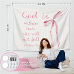 LIANGW Coquette Pink Bow Christian Tapestry Aesthetic, Wall Tapestry for Bedroom, Pink Wall Art for Teen Girls & Women, Bible Verses Tapestries Wall Hanging, Preppy Girly Room Decor 50x60 inche