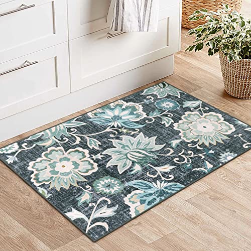Beeiva Floral Entry Rugs for Inside House,2x3 Non Slip Washable Kitchen Rug Front Door Mat, Ultra Thin Doormat Non-Shedding Throw Carpet for Bedroom Bathroom (Blue,2'x3') - color: Blue, size: 2' x 3' (Rectangular)