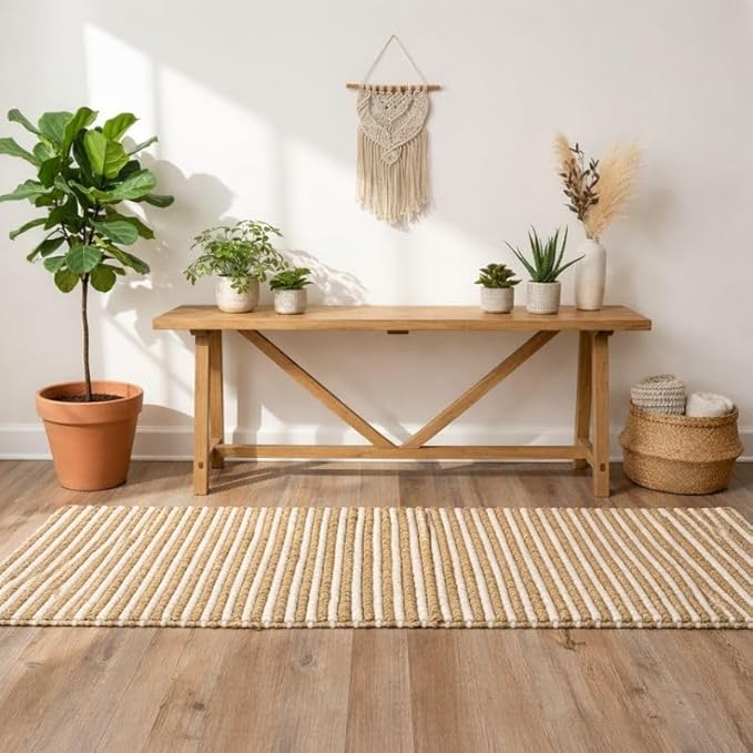 FRELISH DECOR Wool and Jute Premium Handwoven Chunky Stripes Rug - Contemporary Runner Rug for Bedroom Entryway Kitchen (2.5' x 8' - Natural Ivory)