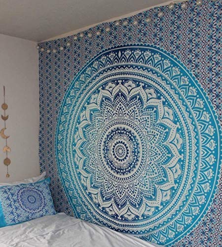 ANJANIYA Ombre Wall Hanging Bohemian Tapestry, Metallic Wall Art Bedspread, Psychedelic Hippie Mandala Dorm Décor for Hanging, Bedding, Beach Coverlet Curtain, Blue, Twin 55"X85" - color: Blue, size: 85"L x 55"W