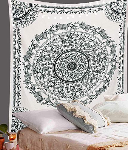 ANJANIYA Floral Mandala Wall Hanging Indian Tapestry for Dorm, Hippy & Bohemian Decor (Grey White, 54"X60") - color: Grey White, size: 60"L x 54"W