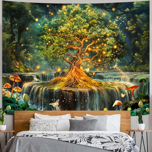 Spenlife Enchanted Tree of Life Tapestry Fantasy Tapestry for Bedroom Green and Gold Tapestries Wall Hanging Bedroom Living Room Wall Art and Home Decor 44x60 - color: Gold, size: 60"L x 44"W