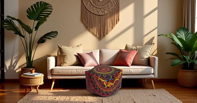 CRAFT KALA Square Mandala Floor Pillow Cushion Cover Seating Throw Cover Hippie Decorative Bohemian Ottoman Poufs Cover Pom Pillow Cases Cotton Living Room Home Décor 16X16X14 inches, New Blue Ombre