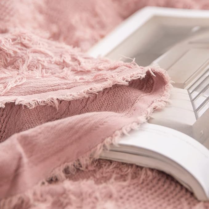 Simple&Opulence 100% Cotton Throw Blanket for Bed, Couch, Boho Textured Geometric Knit Woven Blanket with Tassels Soft, Lightweight Breathable Shabby Chic Farmhouse Decoration for All-Season(Pink)