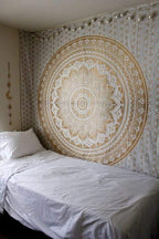 ANJANIYA Ombre Wall Hanging Bohemian Tapestry, Metallic Wall Art Bedspread, Psychedelic Hippie Mandala Dorm Décor for Hanging, Bedding, Beach Coverlet Curtain, Gold, 54"X60"