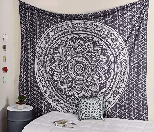 Popular Handicrafts Tapestry Wall Hanging Hippie Ombre Mandala Bohemian Hippy Metallic Intricate Indian Tapestries Bedspread 54 x 82 Inches (140cm x 210 cm) Silver & Grey - color: Grey and Silver, size: 82"L x 54"W