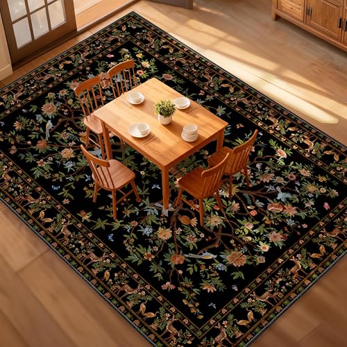 8x10 Area Rugs Black, Machine Washable Non-Slip Rug, Boho Floral Botanical Soft Low Pile Throw Rugs for Living Room, Bedroom,Dining Room, Office - color: Black, size: 10' x 8' (Rectangular)