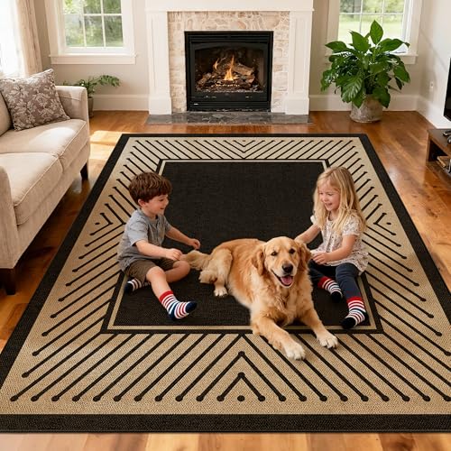 Washable Modern Easy Jute Rug 5x7, Striped Geometric Outdoor Indoor Patio Farmhouse Large Bordered Rugs, Woven Non Slip Thin Carpet Mat for Living Dining Room Bedroom Classroom Kids Nursery - color: Modern Black, size: 5' x 7'