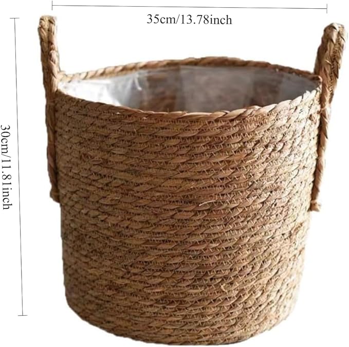 Seagrass Handmade Wicker Planter Basket with Handle for Indoor Plants Pot, Multipurpose Handmade 14 inch Woven Storage Basket Flower Pot for Home Decor, Living Room Storage Basket (13.78''X11.81'')