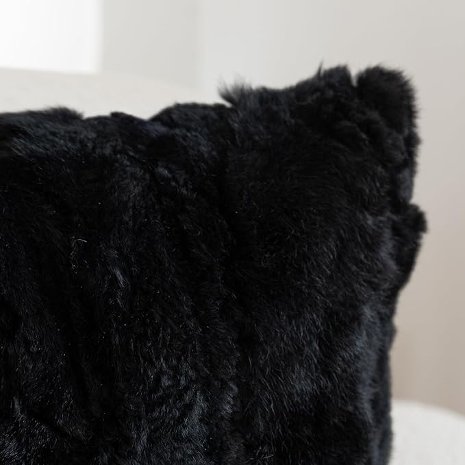 MOOX Rabbit Fur Throw Pillow Covers Decorative Fluffy Soft Fuzzy Plush Luxury Genuine Animal Skin Lumbar Pillow 12"x20" Cushion Cover, Couch-Black
