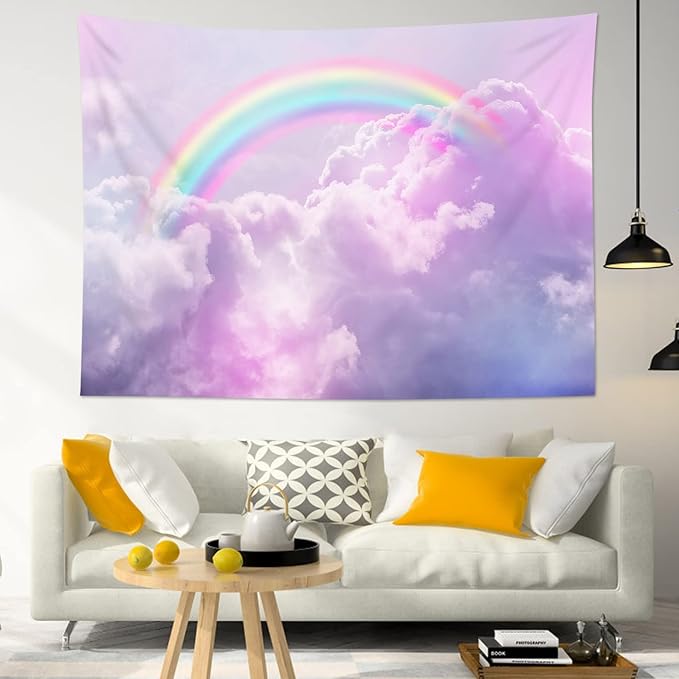 LB Pink Colorful Cloud Tapestry Wall Hanging Aesthetic Fantasy Rainbow Sky Natural Landscape Wall Tapestry for Girls Kids Bedroom Living Room Dorm 60x40 Inches