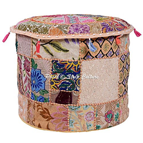 Round Ethnic Cotton Ottoman Pouf Cover Patchwork Embroidered Beige Floral Pouffe Furniture Stool Indian 45 cm Footstool Floor Cushion Decor Bean Bag Living Room - color: Beige