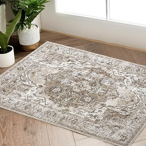 jinchan Area Rug 2x3 Washable Entryway Rug Vintage Kitchen Floor Cover Traditional Thin Taupe Multi Distressed Floral Doormat Indoor Mat for Bathroom Bedroom Living Room - color: Medallion Taupe Multi, size: 2' x 3' (Rectangular)