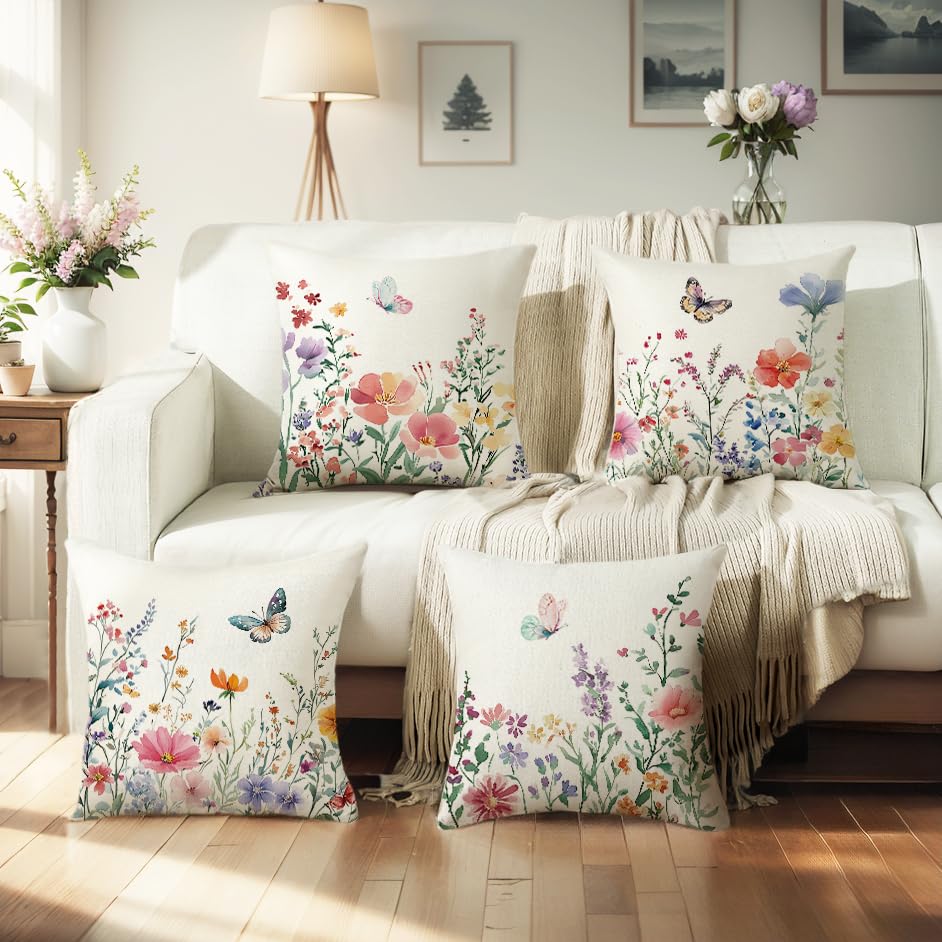 wyooxoo Spring Pillow Covers 18x18 Set of 4 Summer Farmhouse Throw Pillow Covers Floral Butterfly Decorative Cushion Cases for Sofa Couch Patio Bedroom - color: Color O, size: 18" x 18" (Pack of 4)