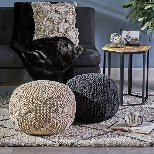 Christopher Knight Home Ansel Knitted Cotton Pouf, Dark Grey - color: Dark Grey