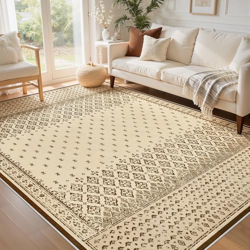 Joydeco Vintage Beige Bedroom Rug, Washable 5x7 Rugs for Living Room Non Slip, Boho Geometric Ultra-Thin Soft Indoor Floor Throw Carpet for Nursery Entryway Bathroom Dorm Foyer - color: Beige, size: 4'11" x 6'11" (Rectangular)