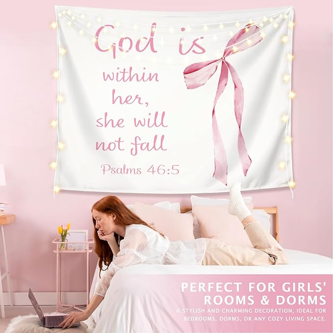 LIANGW Coquette Pink Bow Christian Tapestry Aesthetic, Wall Tapestry for Bedroom, Pink Wall Art for Teen Girls & Women, Bible Verses Tapestries Wall Hanging, Preppy Girly Room Decor 50x60 inche