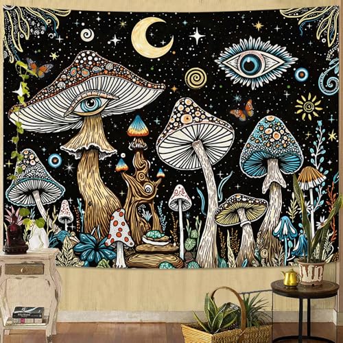 Accnicc Hippie Mushroom Tapestry Abstract Fantasy Plant Wall Tapestry for Bedroom Aesthetic Art Moon Star Eye Butterfly Small Tapestries Wall Hanging for Dorm Living Room Decor 60 × 44 Inch - color: Black Green, size: 60"L x 44"W