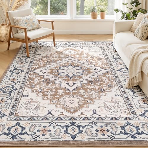 5x7 Washable Rugs, Area Rugs for Living Room, Bedroom, Kitchen, Vintage Boho Carpets, Soft Non-Slip Low Pile Large Area Rug for Dining Room Home Office Indoor Nursery, Brown Cream - color: Brown Cream, size: 5' x 7' (Rectangular)