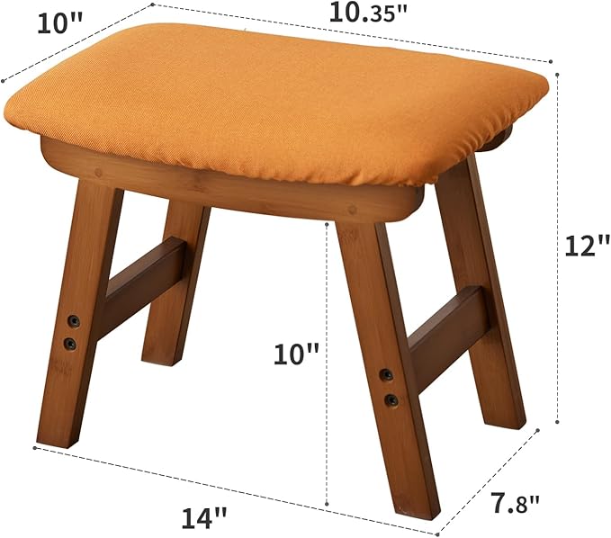 Foot Stool,Ottoman,Bamboo Small Sofa Foot Rest Under Desk,Extra Seating for Living Room, Bedroom and Kitchen(Brown Stool Legs - Orange Surface)