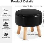 IBUYKE 13 Inch Foot Stool Ottoman with Storage, Round Small Foot Rest with Padded Seat and Wood Legs, PU Faux Leather Mini Footstool for Living Room Couch Bedroom Entryway, Black WBD023B
