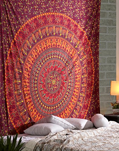 RAJRANG Red Hippie Tapestries - Elephant Mandala Tapestry Bohemian Bedspread Ethnic Boho Dorm Decor Wall Hanging - 90 X 84 Inches - size: 90"L x 84"W
