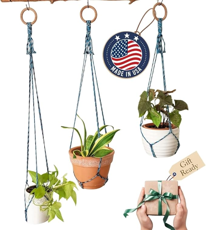 Set of 3 Macrame plant hanger for pots 4-10” live plants indoor and outdoor decor hanging plant holder Boho décor Plant stand Indoor plant shelf for Hanging planter for plant pots (Coastal Breeze)