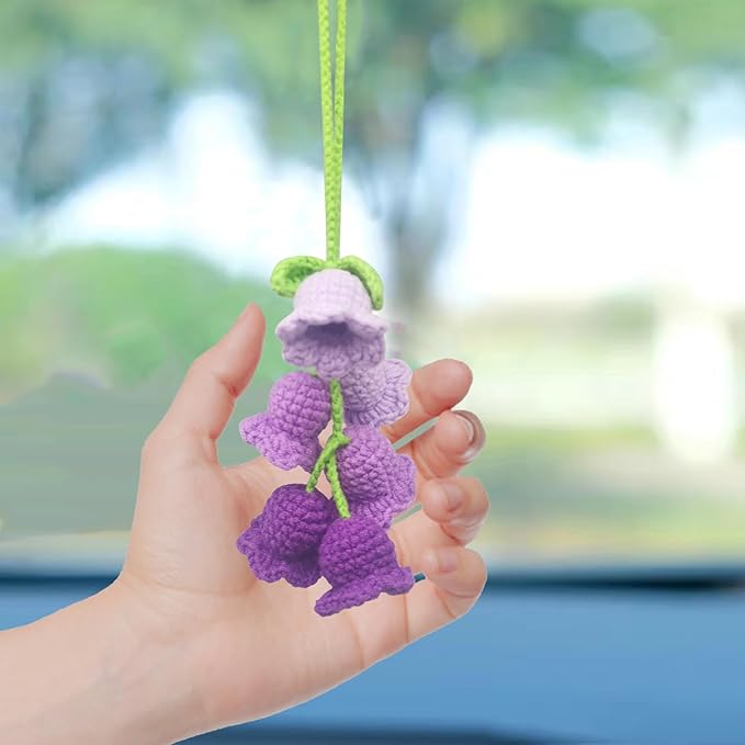 Car Rearview Mirror Hanging Ornament, Crochet Flower Basket Plant Accessory, Handmade Knitted Car Ornament Boho Accessory for Women (Lily of The Valley(Purple))