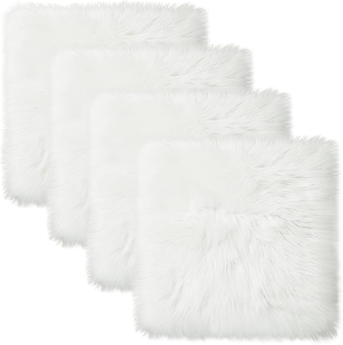 Softlife White Faux Fur Sheepskin Chair Cover 4 PCs Seat Cushion Pad Super Soft Area Rugs for Living Bedroom Sofa Dorm (1.6ft x 1.6ft)