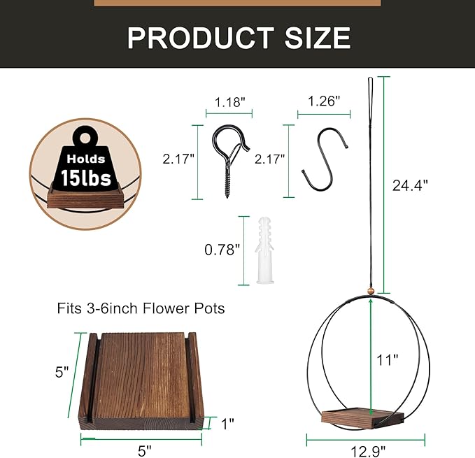 Hanging Plant Holder Indoor, Modern Boho Hanging Planter with Sturdy Wood Base, Unique Ceiling Plant Hangers for Indoor Plants, Ceiling Window Wall Home Decor (Black, Fit 3-5.5inch Pot)