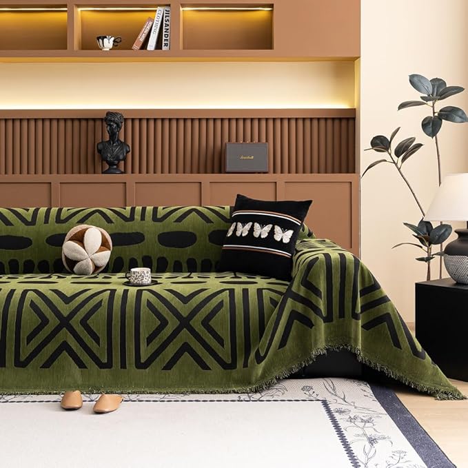 ROOMLIFE Green Couch Cover 3 Cushion Sofa, Washable Non Slip Furniture Sofa Protector Cover, Soft Chenille Sofa Slipcovers Sectional L Shape Dogs Couch Cover Throw Blanket with Tassels 71''X118''