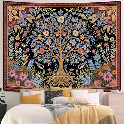 Spenlife Tree of Life Tapestry, Dark Whimsical Floral Tapestries for Bedroom, Cottagecore Wall Decor, Nature Tapestries (60" x 44") - color: Green Red, size: 60"L x 44"W