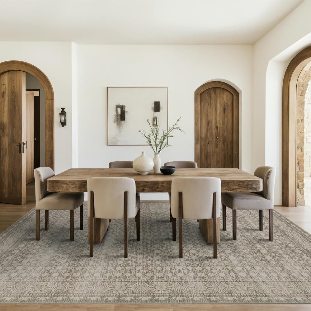 8x10 Washable Area Rug for Living Room, Extra Large Neutral Vintage Boho Rugs for Dining Room, Kids Room, Farmhouse, Durable Low Pile Non Slip Carpet for High Traffic Areas, Apricot - color: Apricot, size: 8' x 10' (Rectangular)