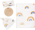 BabyWhale Muslin Swaddle Blanket with Hat and Headband Bow, Rainbow Pattern Swaddle Set for Baby Boys ＆ Girls, Newborn Soft Breathable Unisex Receiving Blanket Wrap, 47x47 inches