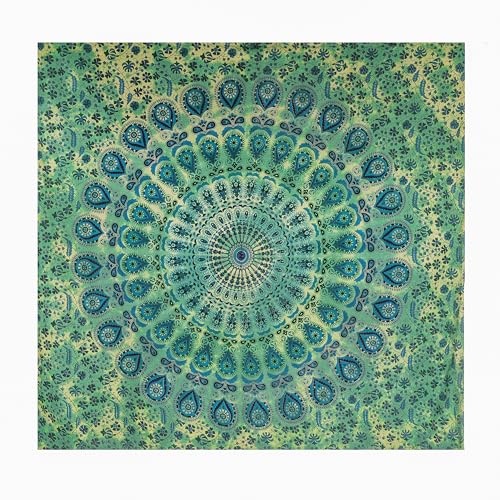 FURNISHFUL FINESSE Handmade Cotton Peacock Mandala Tapestry - Vivid Green Ombre Boho Wall Decor, Bohemian Hippie Room Hanging for Bedroom & Living Room - 54x84 Inches, (Green) - color: Green, size: 84"L x 54"W