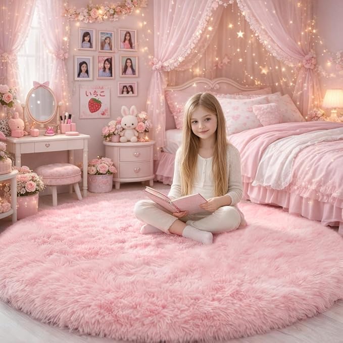 Pink Fluffy Round Rug 5Ft for Girls Bedroom Decor Aesthetic, Shaggy Circle Area Rugs for Kids Room Living Room, Cute Fuzzy Carpet for Nursery, Dorm, Classroom, Teen, Princess, Comfy Baby Playroom Rug