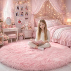 Pink Fluffy Round Rug 5Ft for Girls Bedroom Decor Aesthetic, Shaggy Circle Area Rugs for Kids Room Living Room, Cute Fuzzy Carpet for Nursery, Dorm, Classroom, Teen, Princess, Comfy Baby Playroom Rug