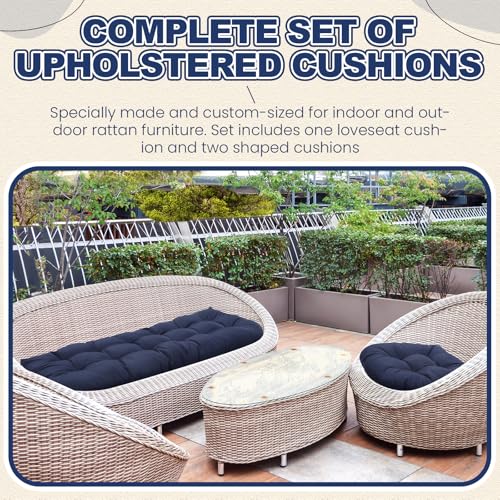 Barydat 3 Pack Wicker Furniture Cushions Waterproof Outdoor/Indoor Tufted Wicker Chair Cushions 1 Loveseat and 2 U-Shape Rattan Chairs for Patio Furniture, Rattan Love Seat, Bench(Navy Blue) - color: Navy Blue