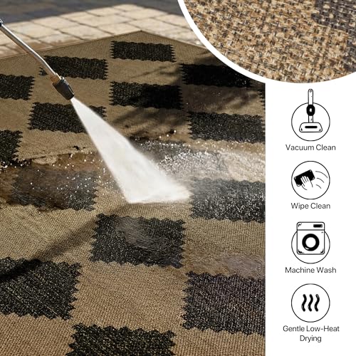 GENIMO Indoor Outdoor Area Rug 5'x8', Checkered Easy Jute Rug Machine Washable, Easy-Cleaning, Non Slip Geometric Outdoor Carpet for Patio, Living Room, Backyard, Porch, Deck, Balcony, Diamond Brown - color: Diamond Brown, size: 5' x 8' (Rectangular)