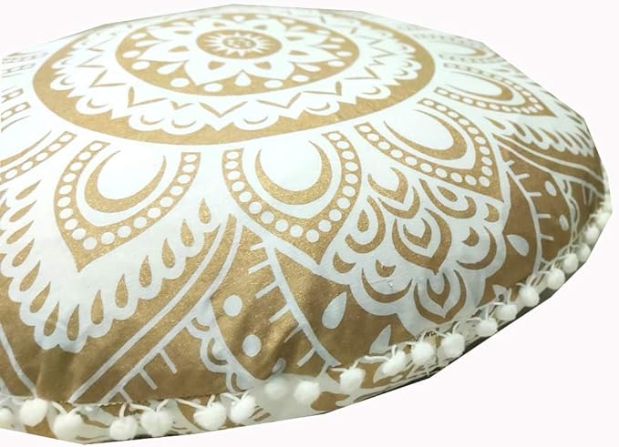 24" White Gold Flower Mandala Barmeri Large Floor Pillow Cover Cushion Meditation Seating Ottoman Throw Cover Hippie Decorative Zipped Bohemian Pouf Ottoman Pom Pom Cases ( 24 " round)