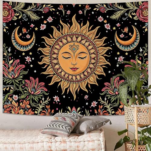 Kanuyee Bohemian Sun and Moon Tapestry, Floral Celestial Wall Tapestry, Mystical Sun Face Tapestries for Room Decor, Artistic Tapestry 80"x60" - color: Orange Pink, size: 80"L x 60"W